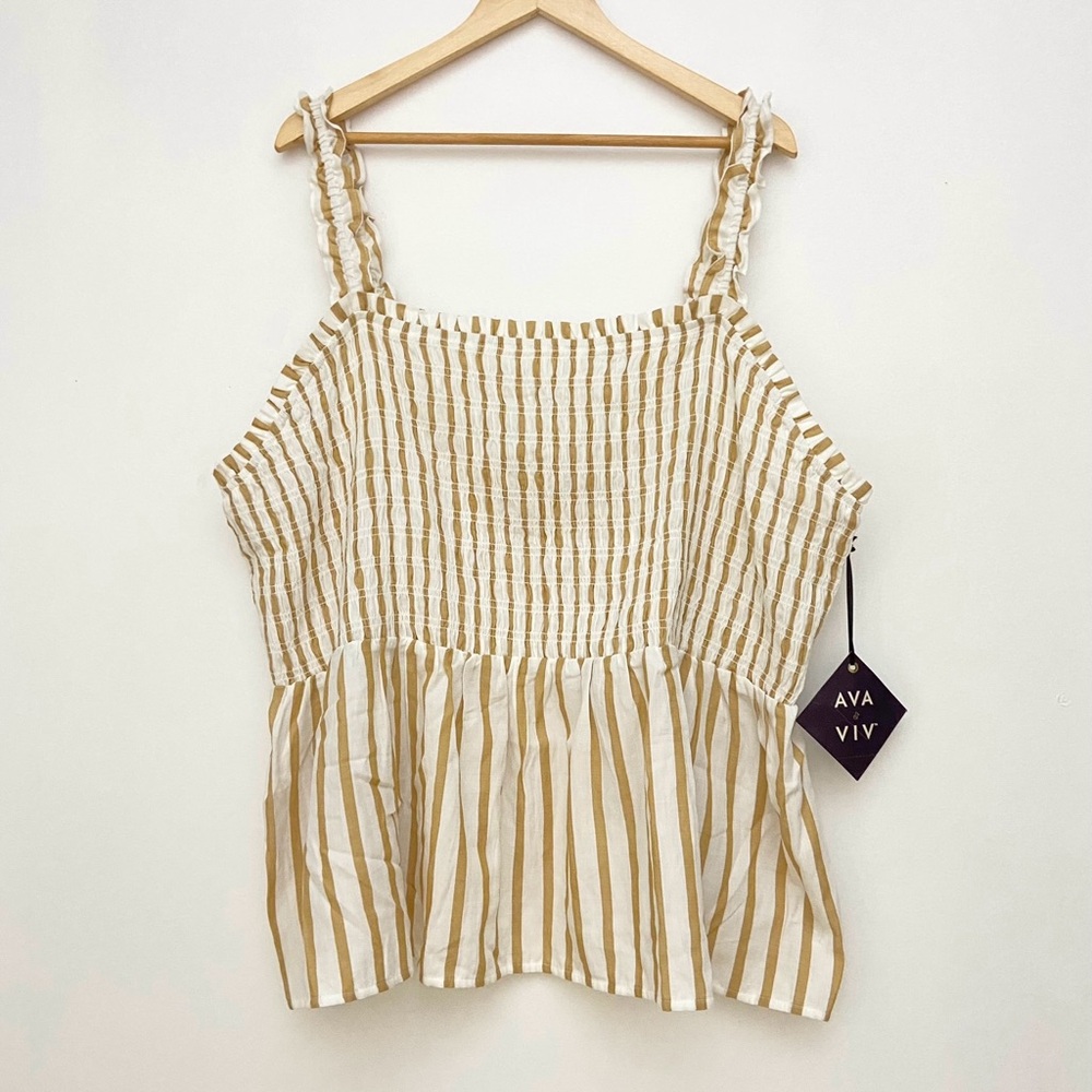 🆕 NWT White/Gold 100% Cotton Striped Stretchy Ruffle Tank Top